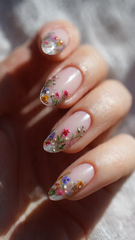 Hand-painted dried-flower nail art on nude base